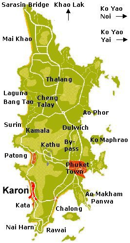 Carte de Phuket en Thailande, réservation hotel et chambre d'hote à Karon beach, plage de Karon